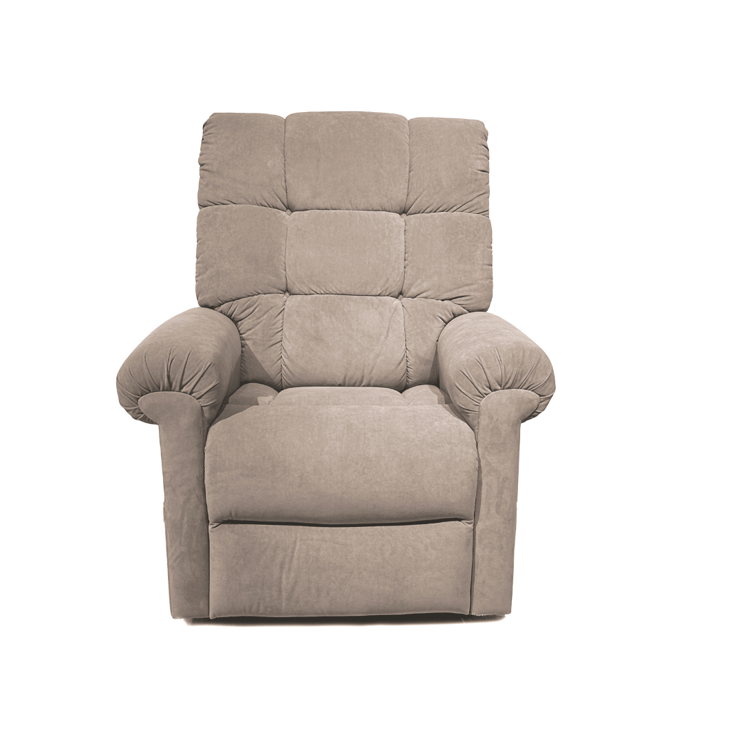 The Journey Perfect Sleep Reclining Lift Chair with Heat provides ultimate comfort with its tall backrest, plush armrests, and cushioned beige design. It features therapeutic heat and massage functions for unmatched relaxation, all set against a white background.